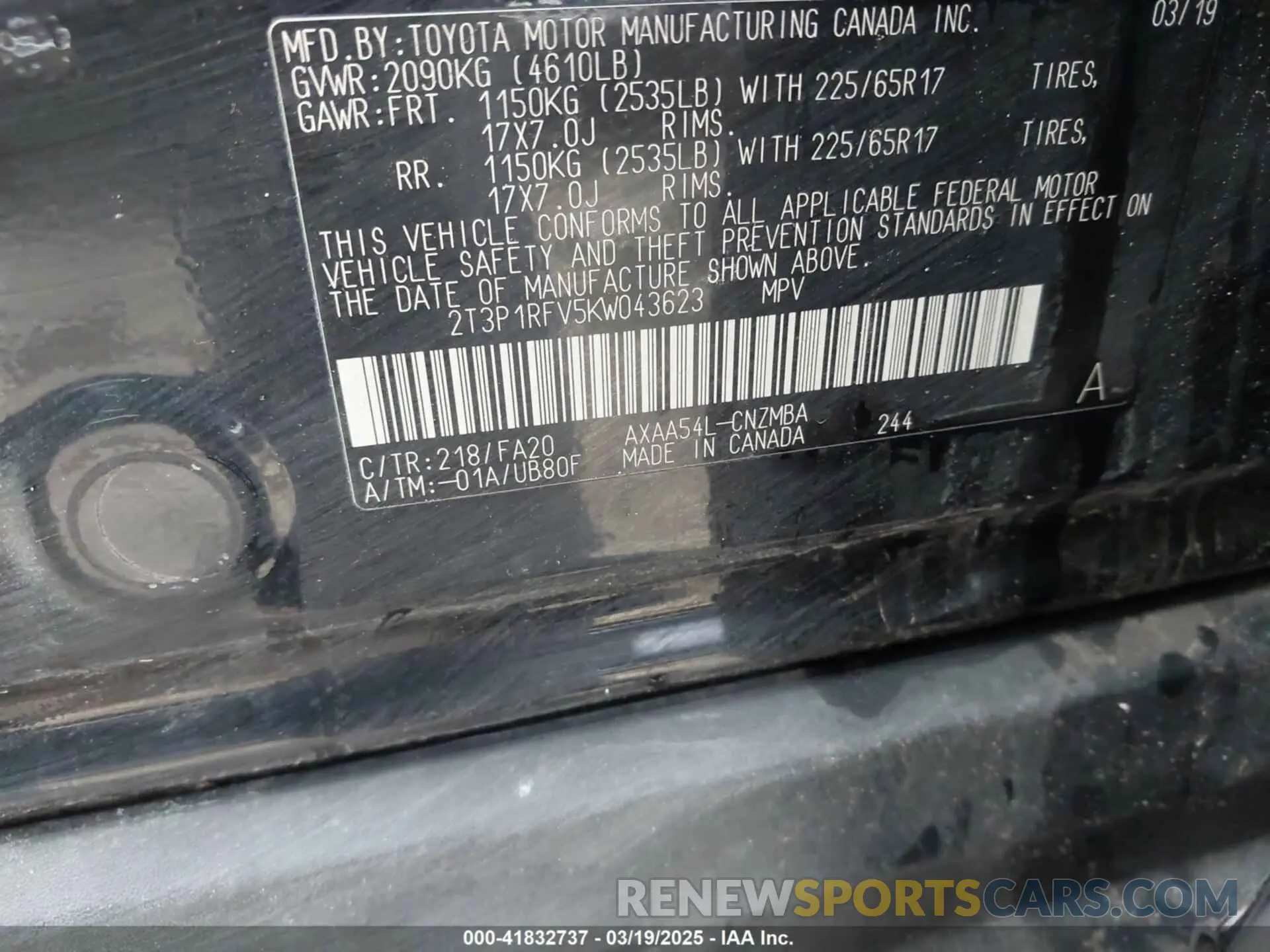 9 fotografías del automóvil dañado 2T3P1RFV5KW043623 TOYOTA RAV4 2019