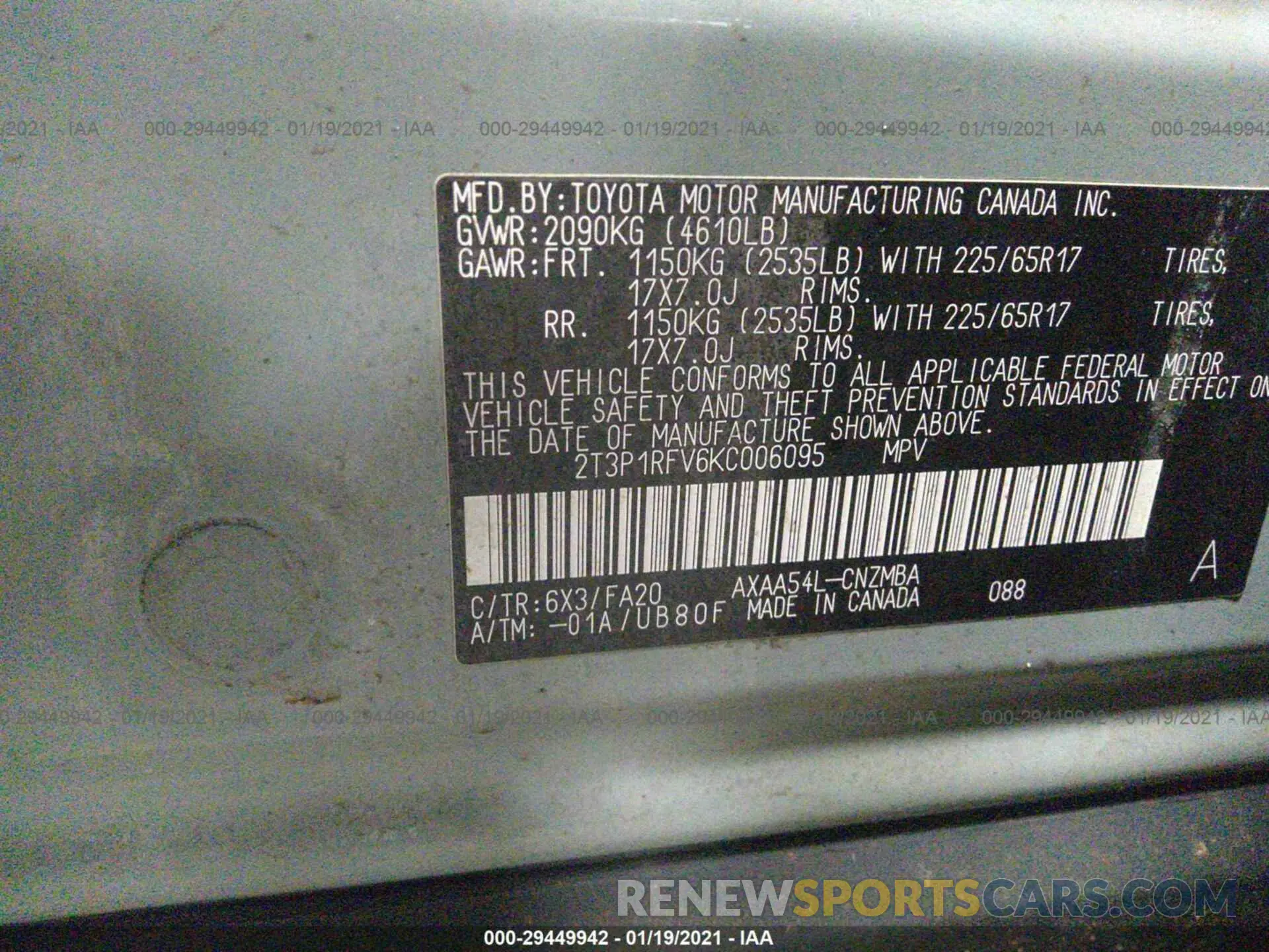 9 fotografías del automóvil dañado 2T3P1RFV6KC006095 TOYOTA RAV4 2019