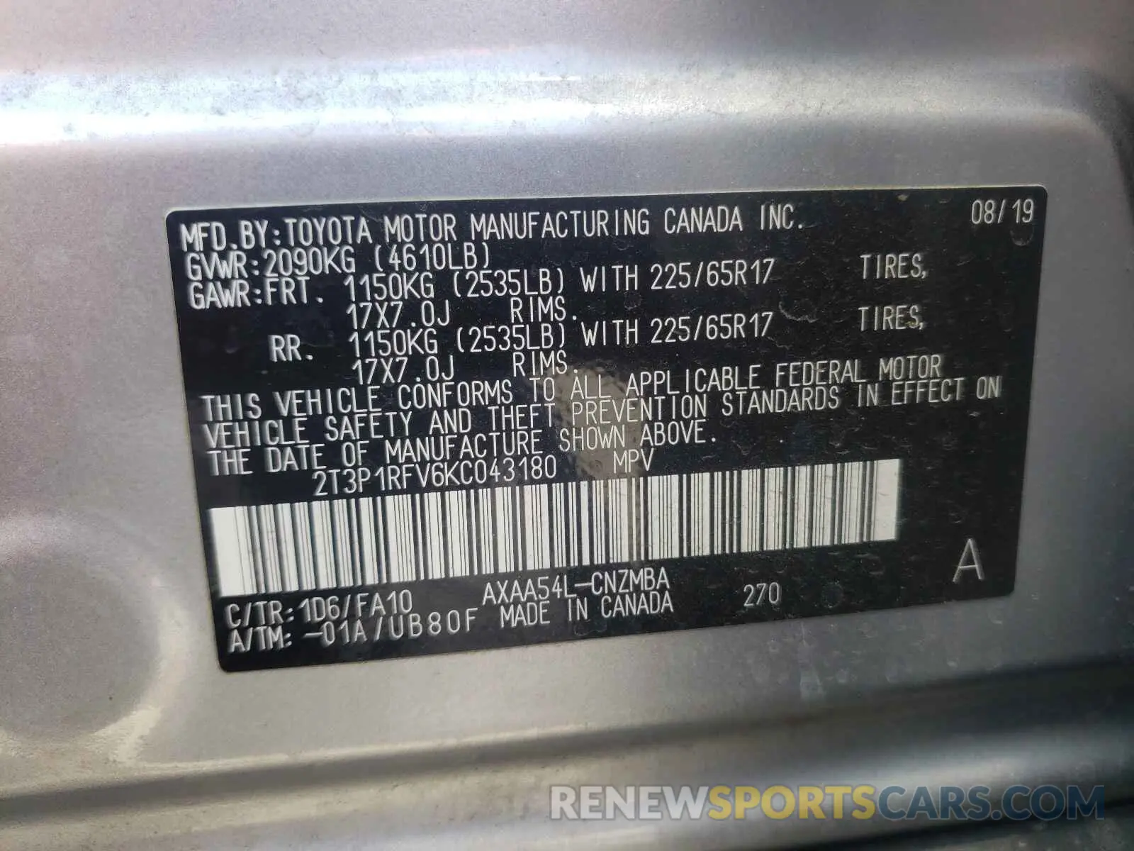 10 fotografías del automóvil dañado 2T3P1RFV6KC043180 TOYOTA RAV4 2019