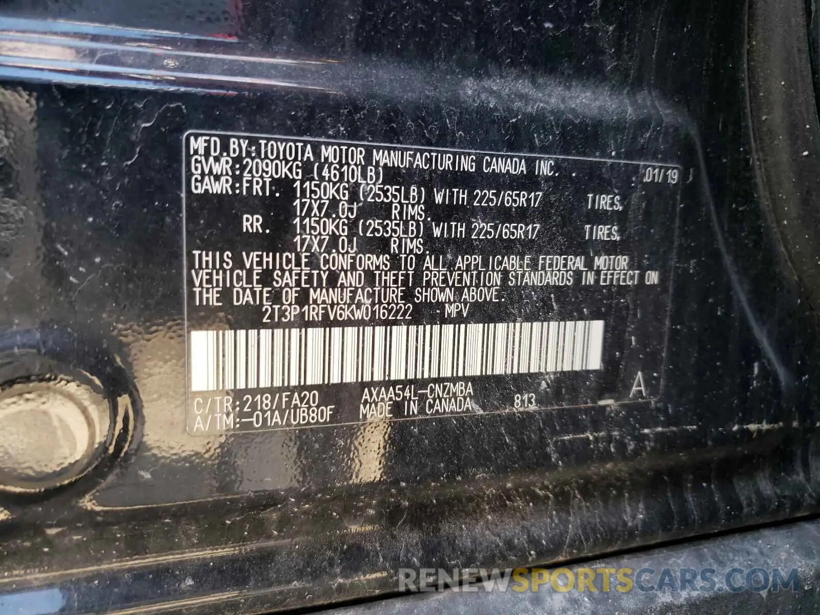 10 fotografías del automóvil dañado 2T3P1RFV6KW016222 TOYOTA RAV4 2019