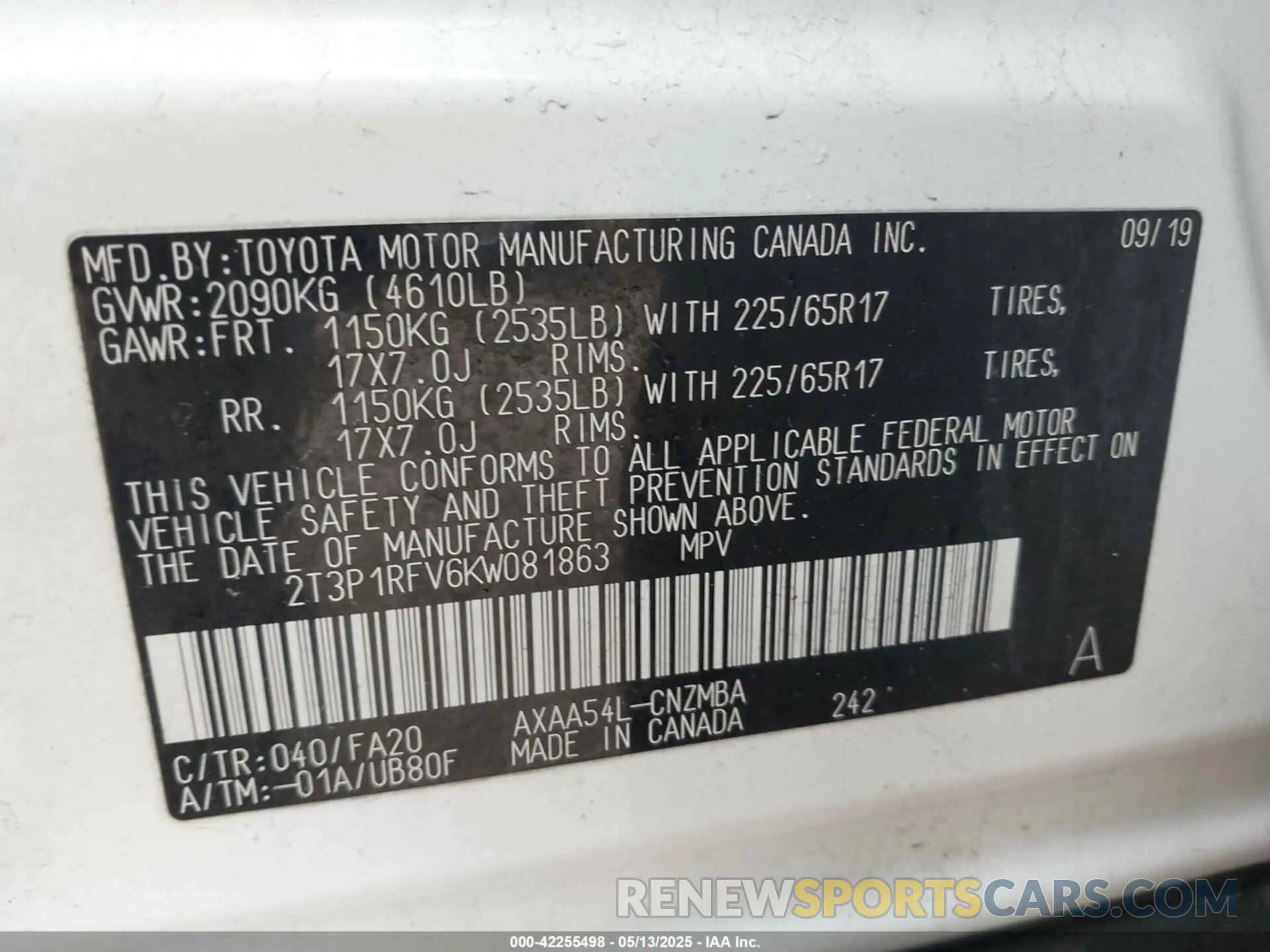 9 fotografías del automóvil dañado 2T3P1RFV6KW081863 TOYOTA RAV4 2019