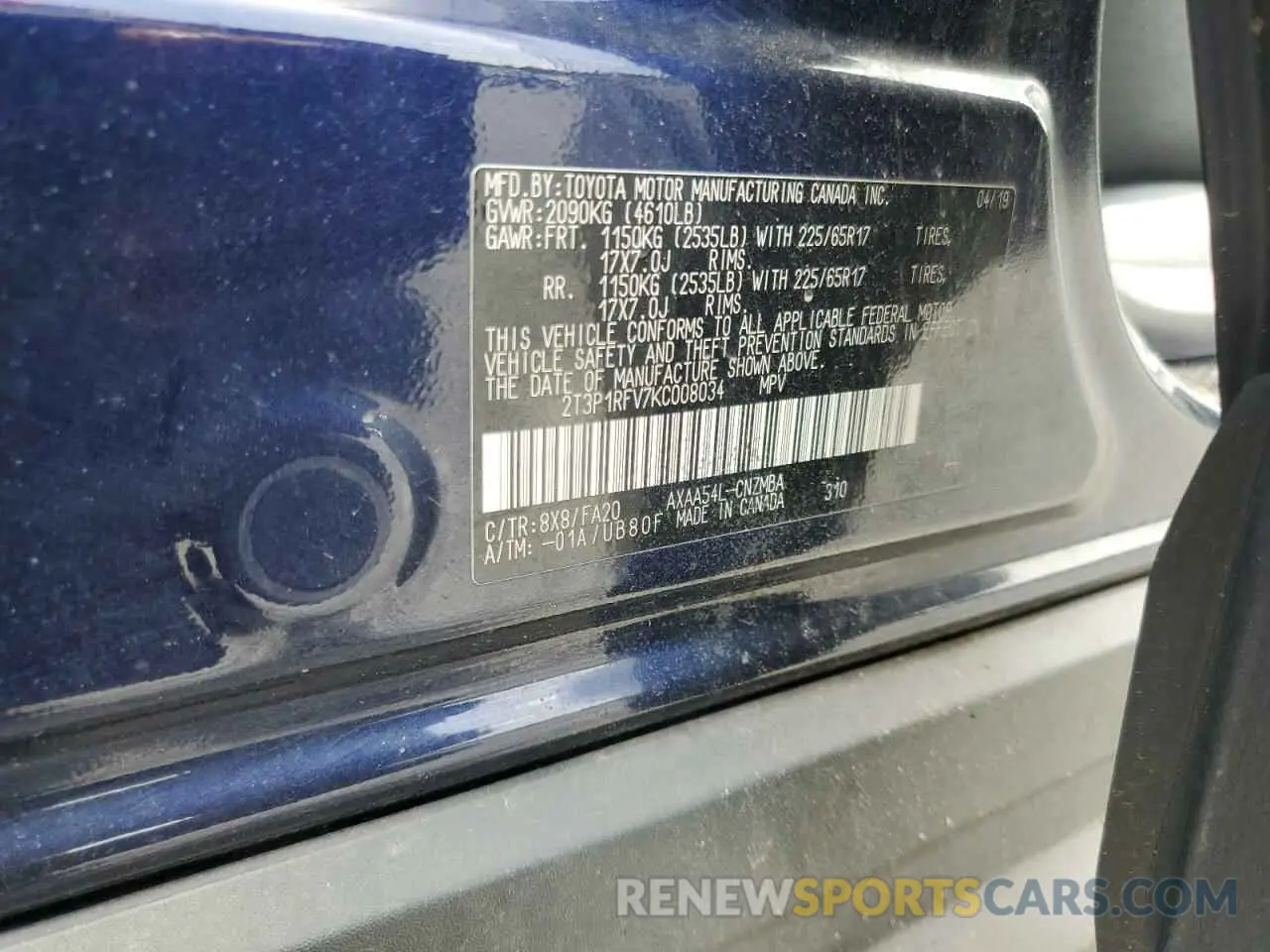 13 fotografías del automóvil dañado 2T3P1RFV7KC008034 TOYOTA RAV4 2019