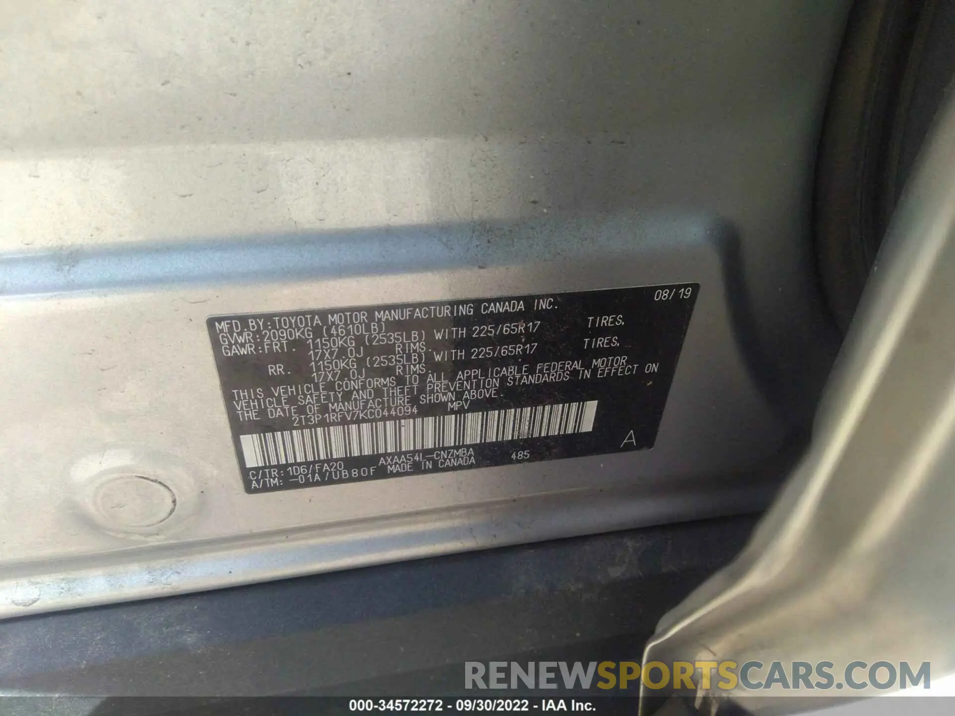 9 fotografías del automóvil dañado 2T3P1RFV7KC044094 TOYOTA RAV4 2019