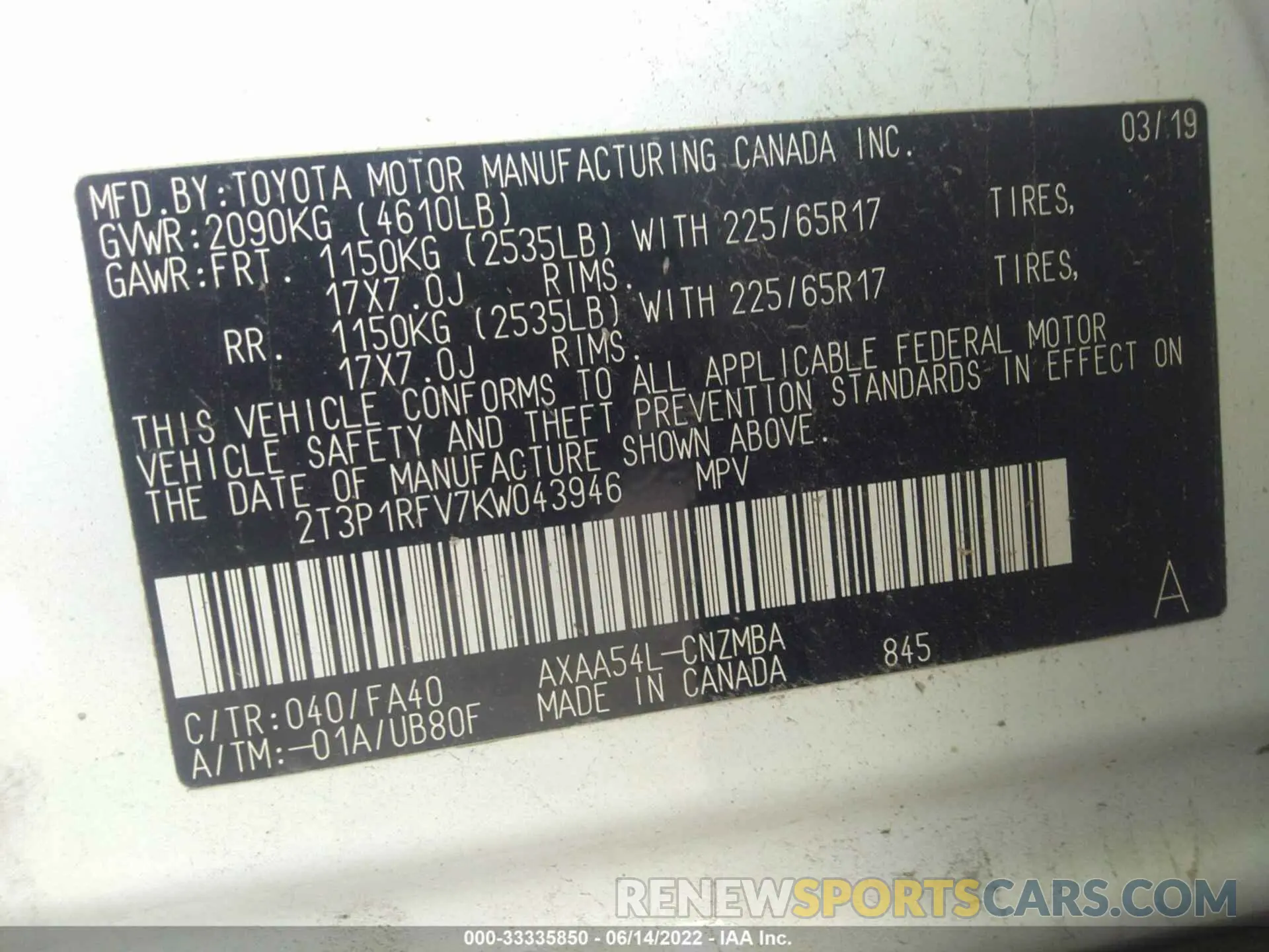 9 fotografías del automóvil dañado 2T3P1RFV7KW043946 TOYOTA RAV4 2019