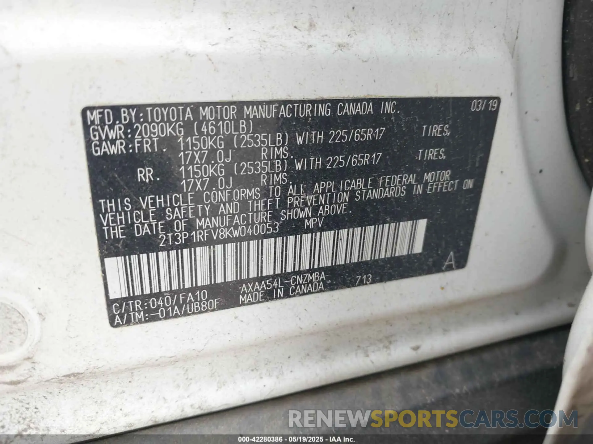 9 fotografías del automóvil dañado 2T3P1RFV8KW040053 TOYOTA RAV4 2019