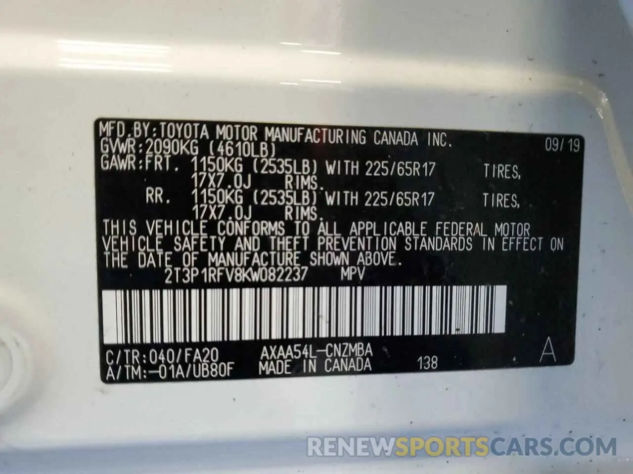 13 fotografías del automóvil dañado 2T3P1RFV8KW082237 TOYOTA RAV4 2019