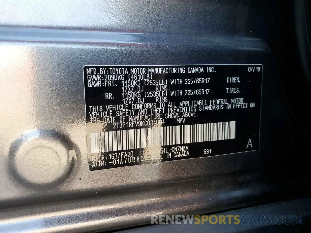 13 fotografías del automóvil dañado 2T3P1RFV9KC034604 TOYOTA RAV4 2019