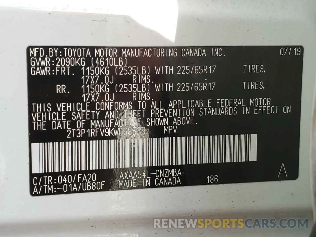 10 fotografías del automóvil dañado 2T3P1RFV9KW068539 TOYOTA RAV4 2019