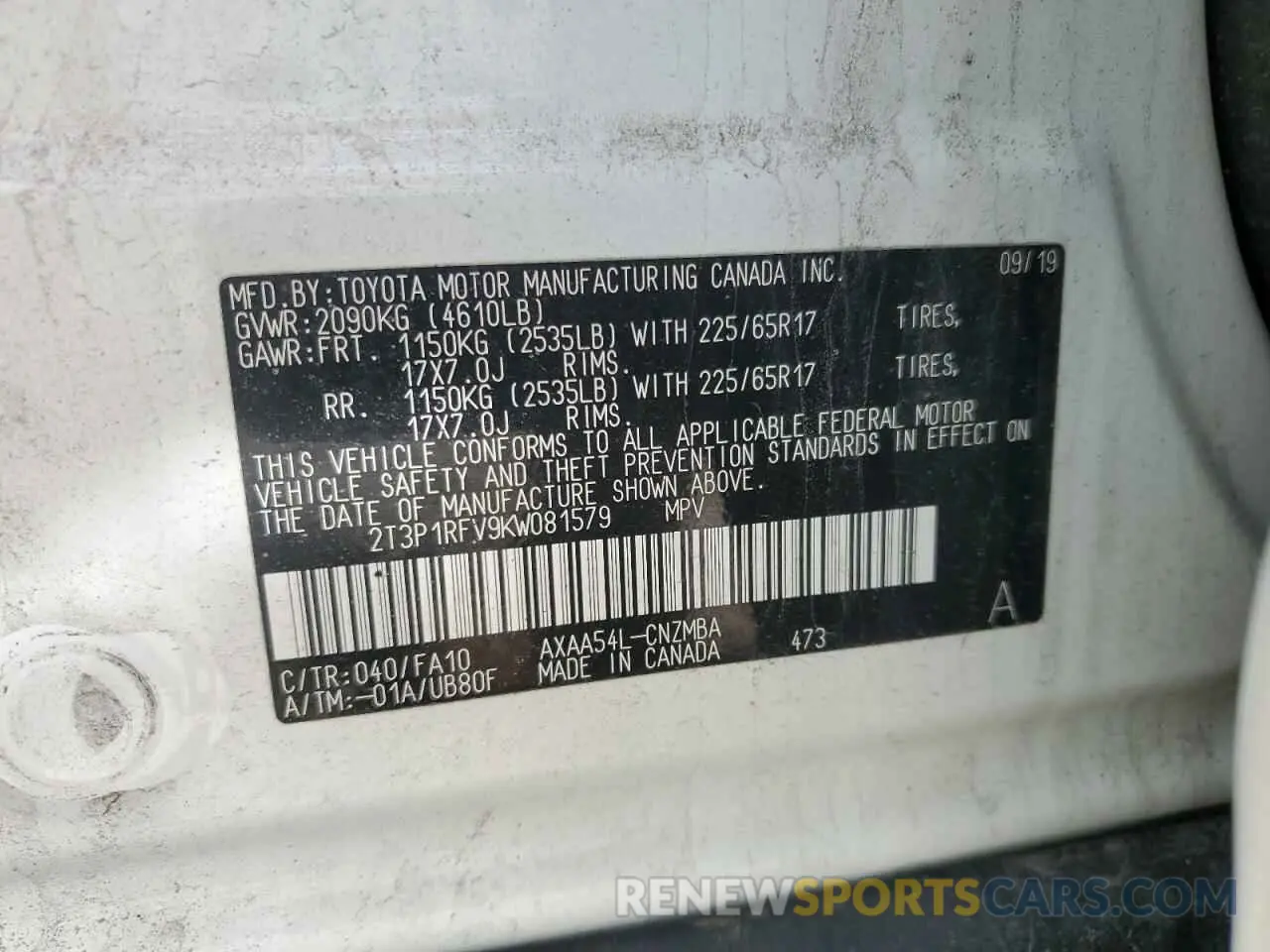 13 fotografías del automóvil dañado 2T3P1RFV9KW081579 TOYOTA RAV4 2019