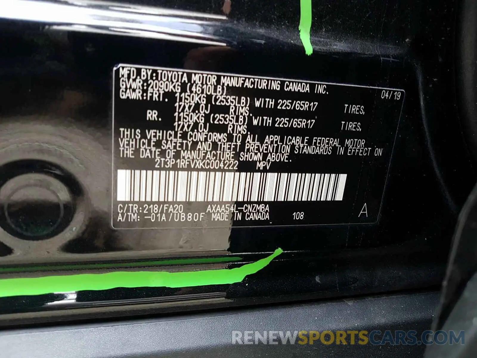 10 fotografías del automóvil dañado 2T3P1RFVXKC004222 TOYOTA RAV4 2019