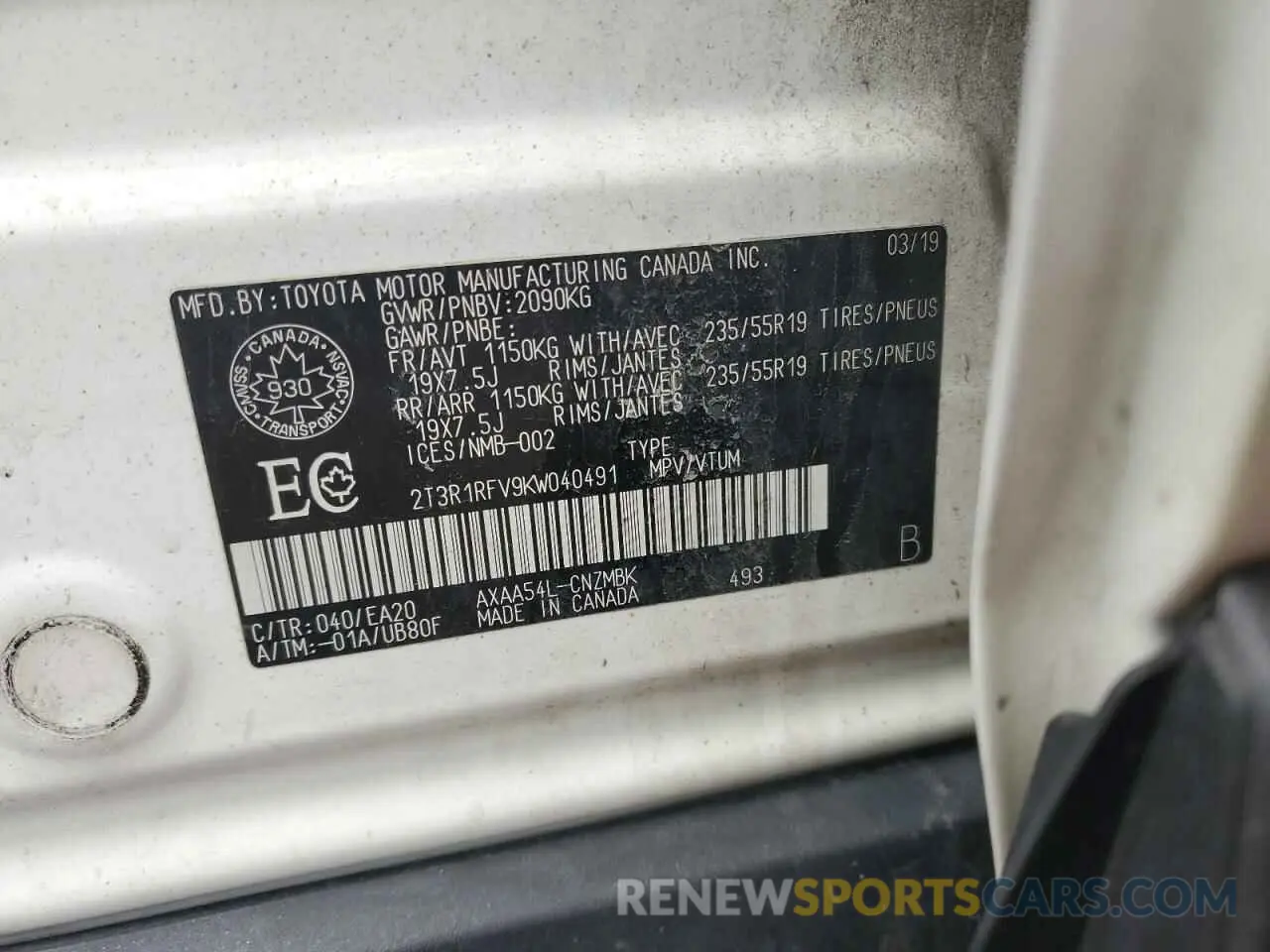 14 fotografías del automóvil dañado 2T3R1RFV9KW040491 TOYOTA RAV4 2019