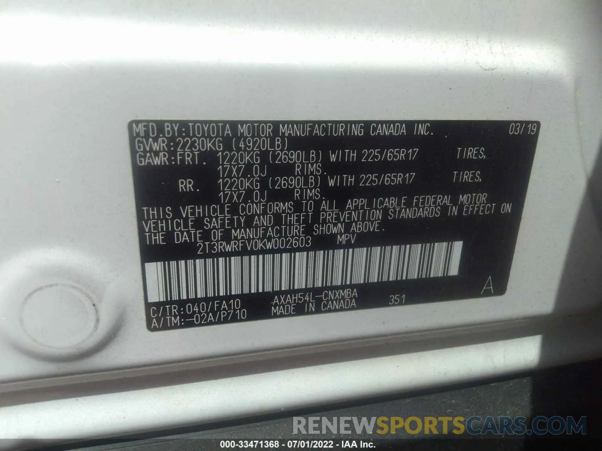 9 fotografías del automóvil dañado 2T3RWRFV0KW002603 TOYOTA RAV4 2019