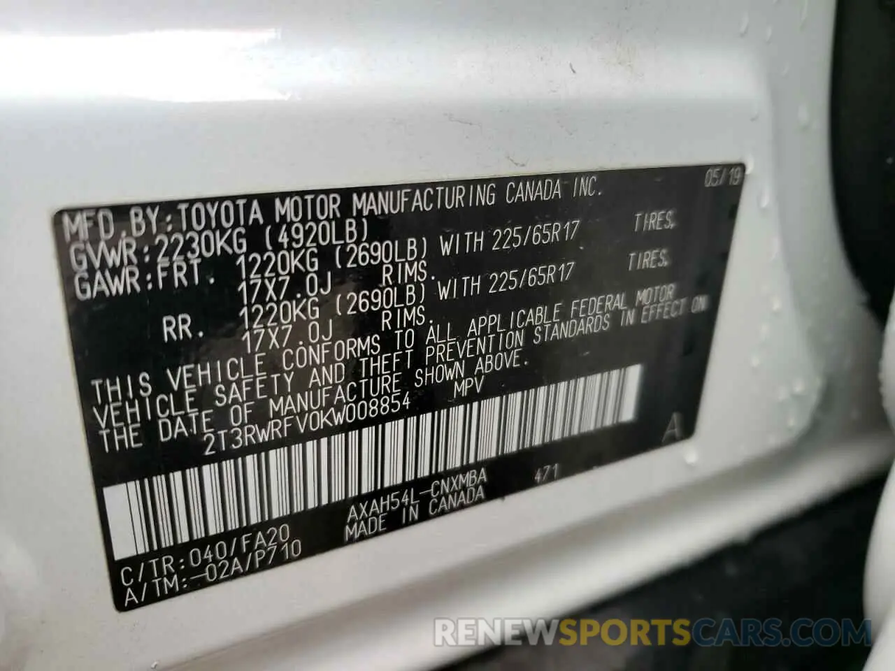 10 fotografías del automóvil dañado 2T3RWRFV0KW008854 TOYOTA RAV4 2019