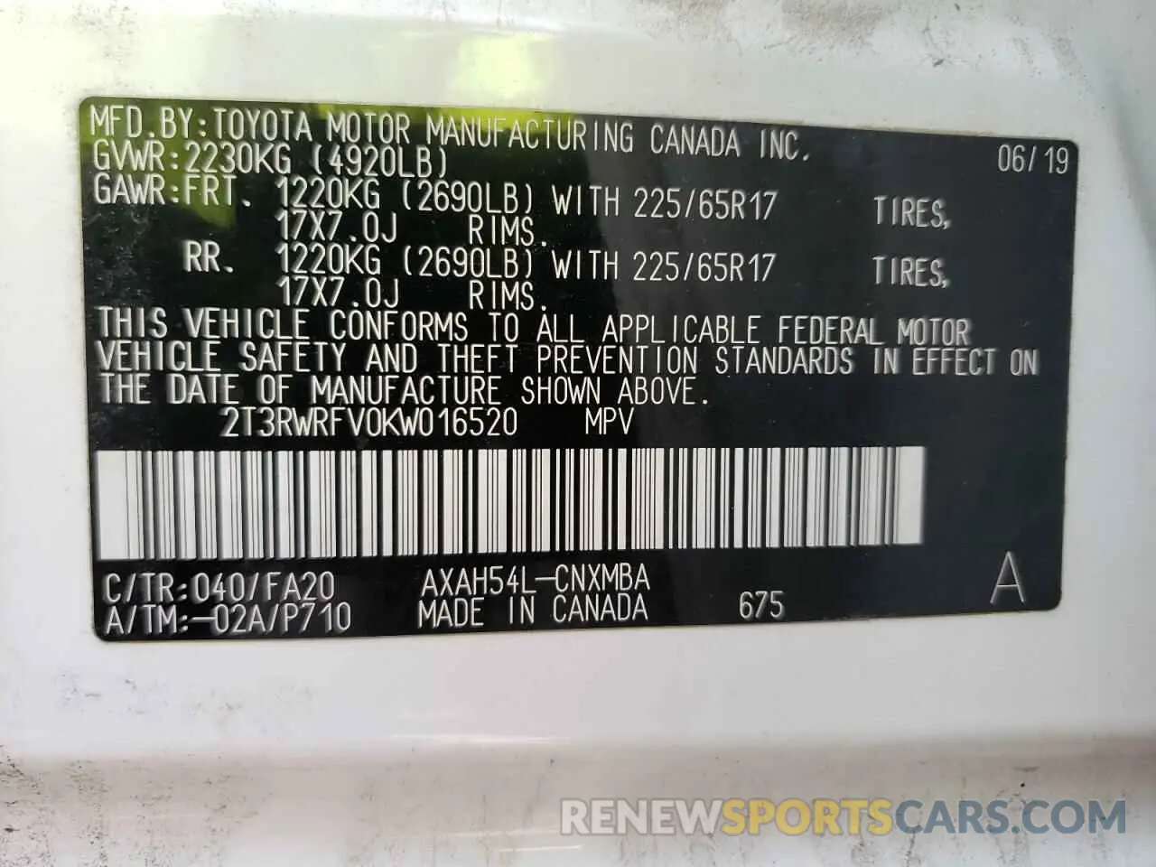 10 fotografías del automóvil dañado 2T3RWRFV0KW016520 TOYOTA RAV4 2019