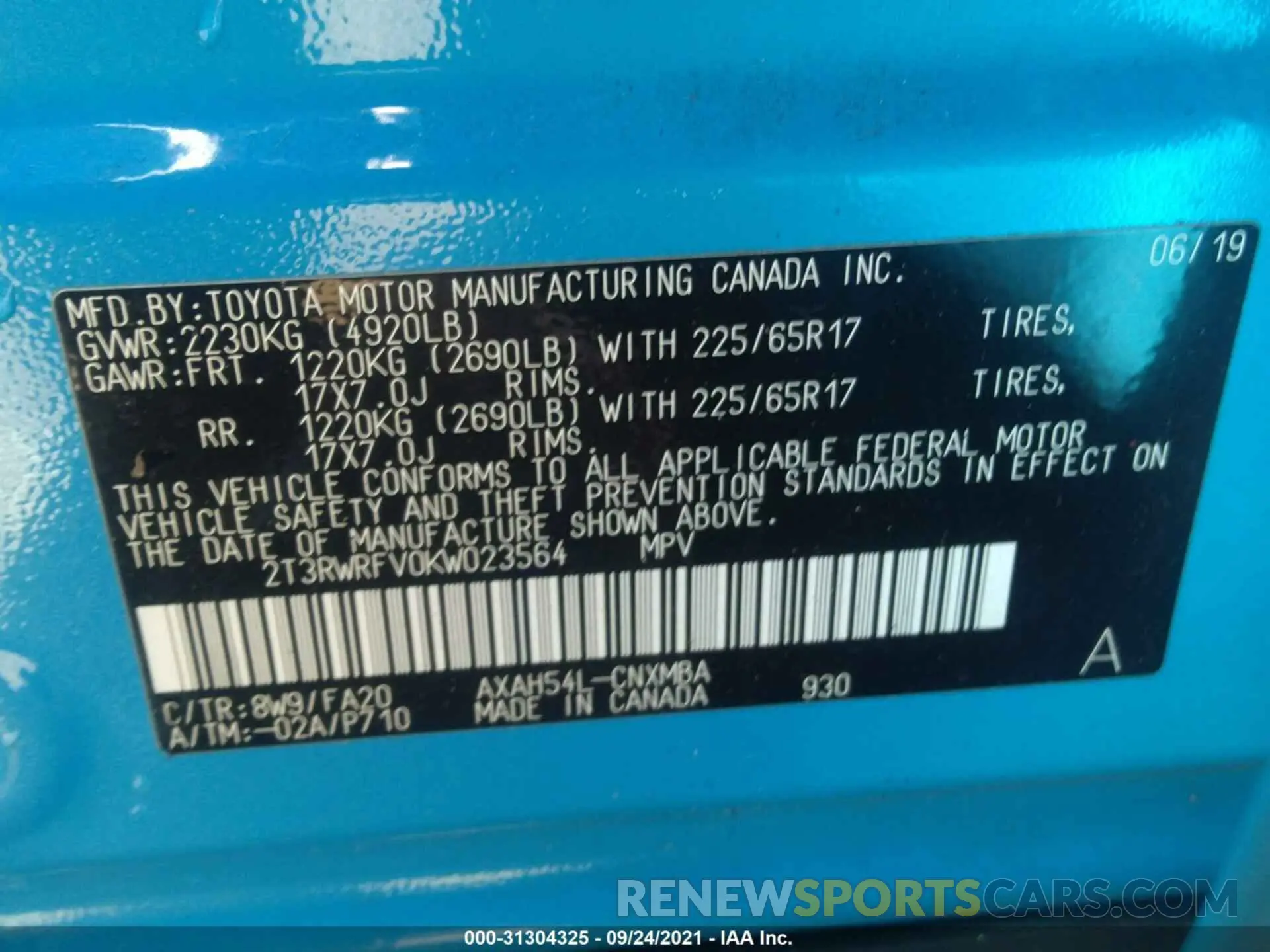9 fotografías del automóvil dañado 2T3RWRFV0KW023564 TOYOTA RAV4 2019