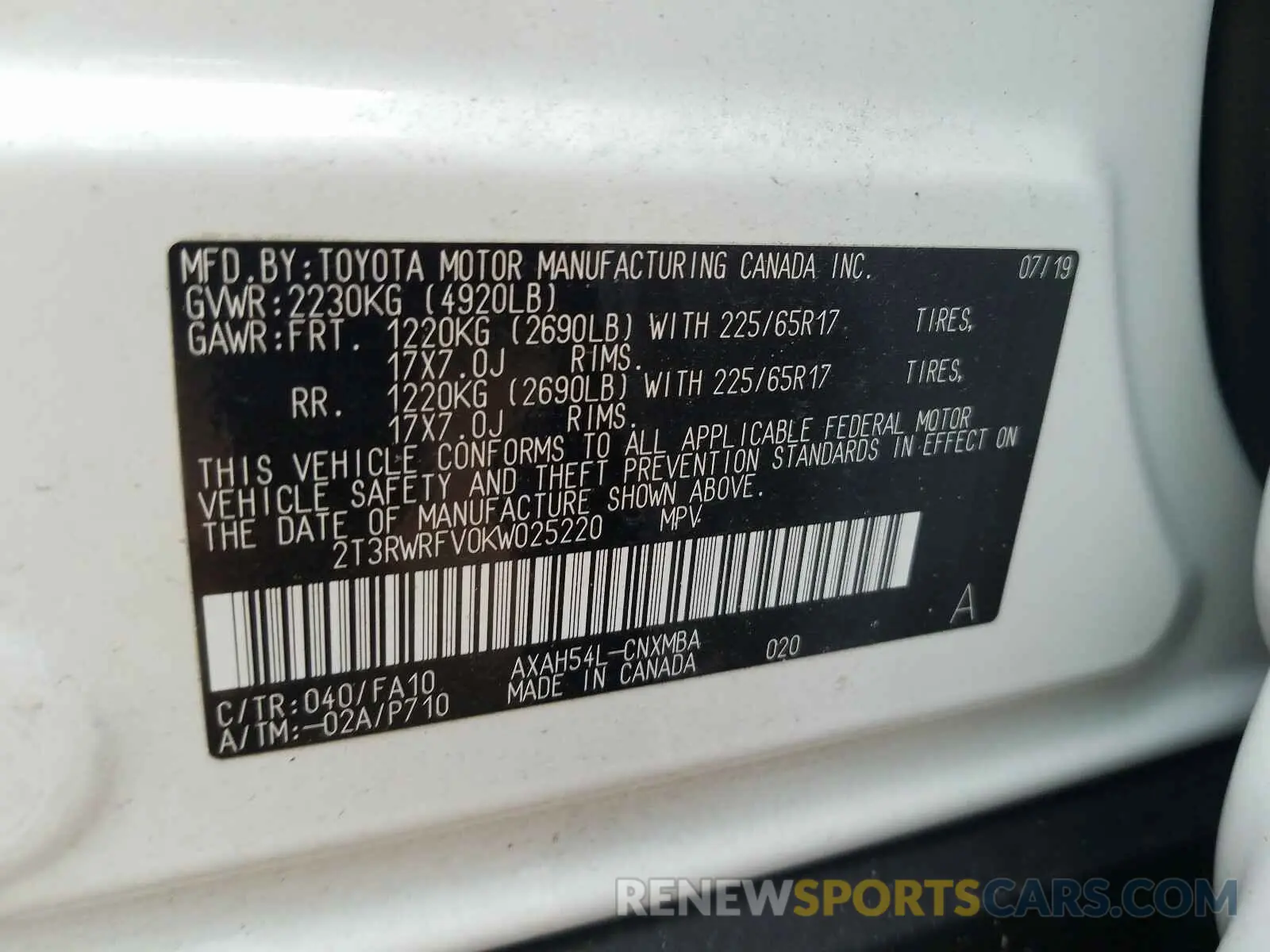 10 fotografías del automóvil dañado 2T3RWRFV0KW025220 TOYOTA RAV4 2019