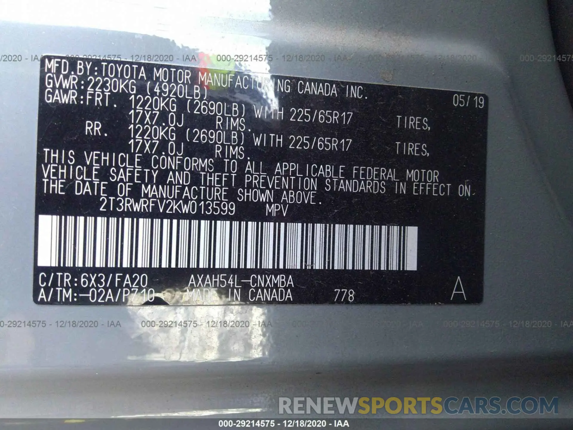 9 fotografías del automóvil dañado 2T3RWRFV2KW013599 TOYOTA RAV4 2019