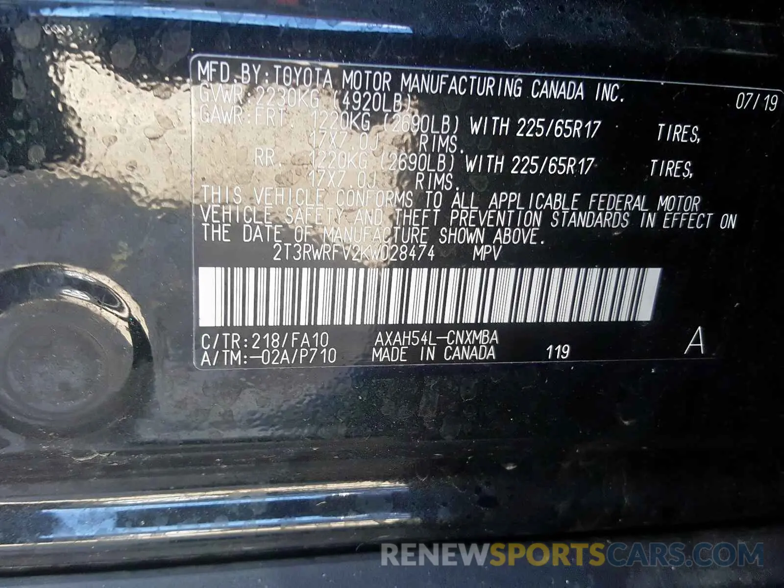 10 fotografías del automóvil dañado 2T3RWRFV2KW028474 TOYOTA RAV4 2019