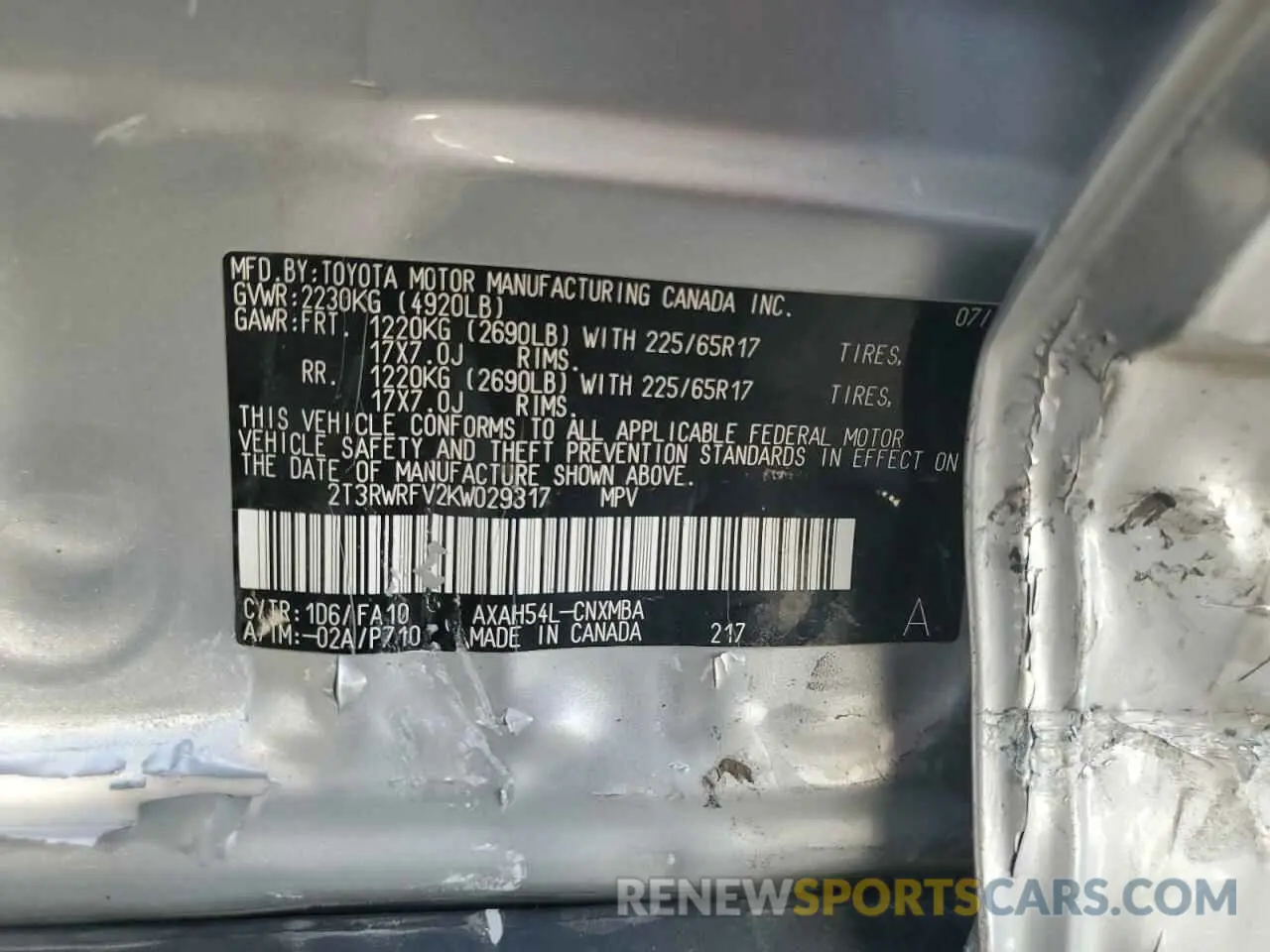 12 fotografías del automóvil dañado 2T3RWRFV2KW029317 TOYOTA RAV4 2019