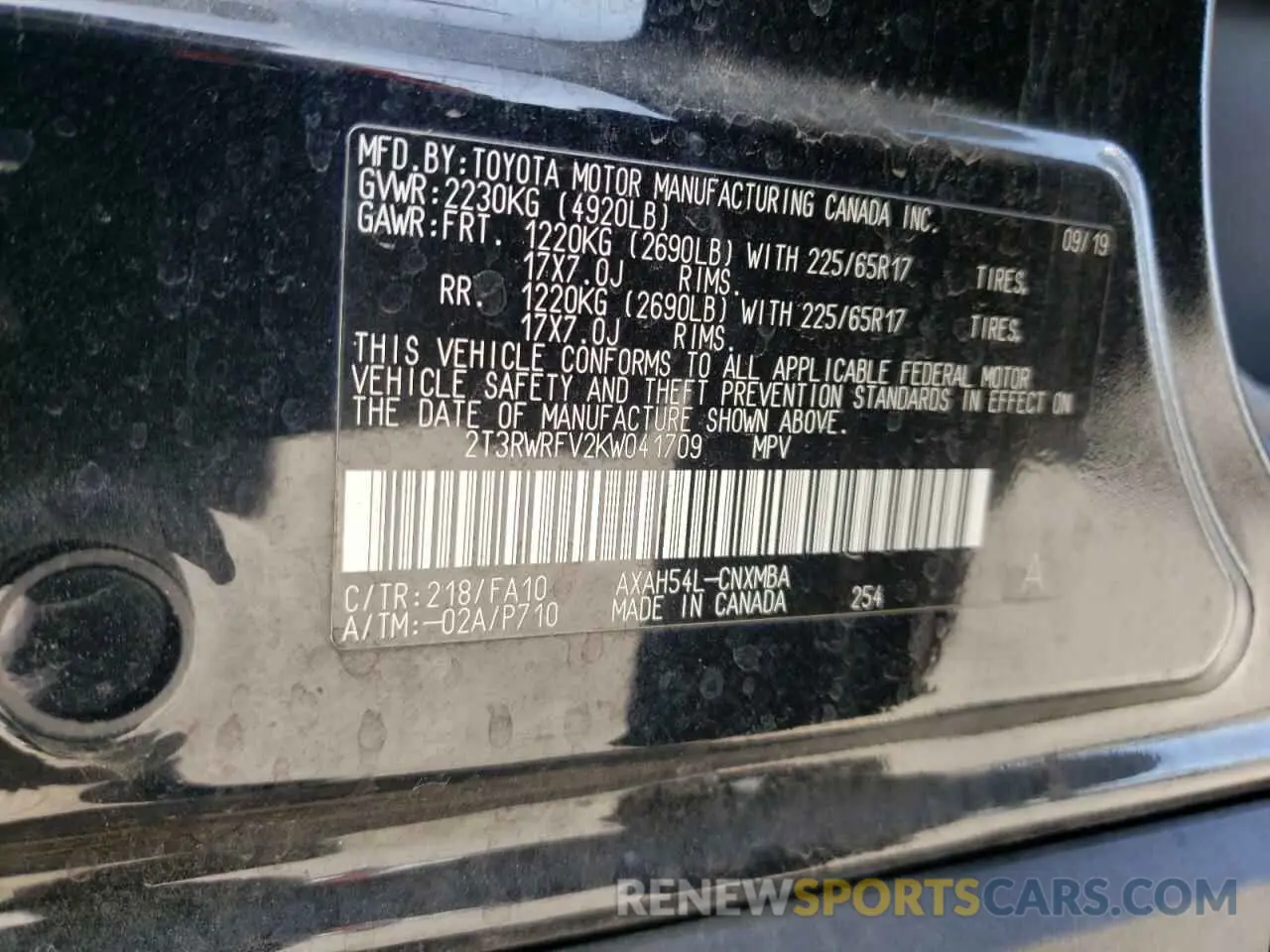 10 fotografías del automóvil dañado 2T3RWRFV2KW041709 TOYOTA RAV4 2019