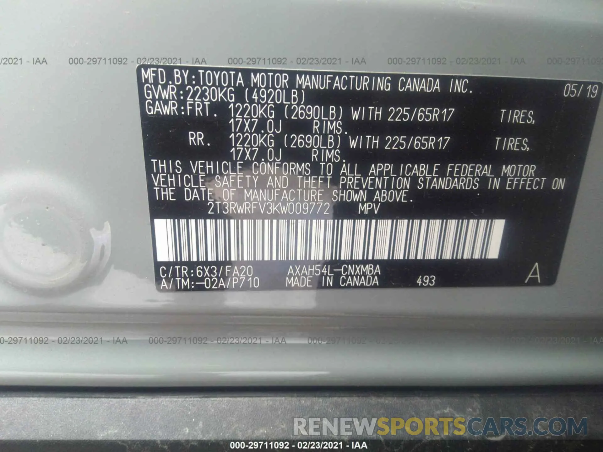 9 fotografías del automóvil dañado 2T3RWRFV3KW009772 TOYOTA RAV4 2019