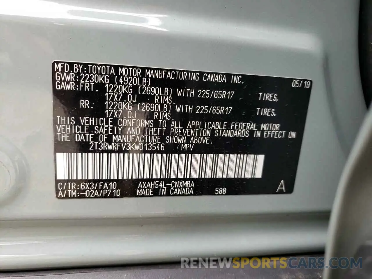 14 fotografías del automóvil dañado 2T3RWRFV3KW013546 TOYOTA RAV4 2019