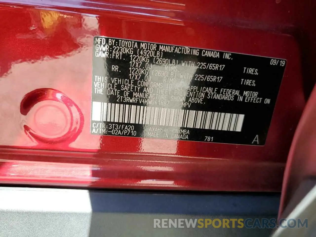 13 fotografías del automóvil dañado 2T3RWRFV4KW041887 TOYOTA RAV4 2019
