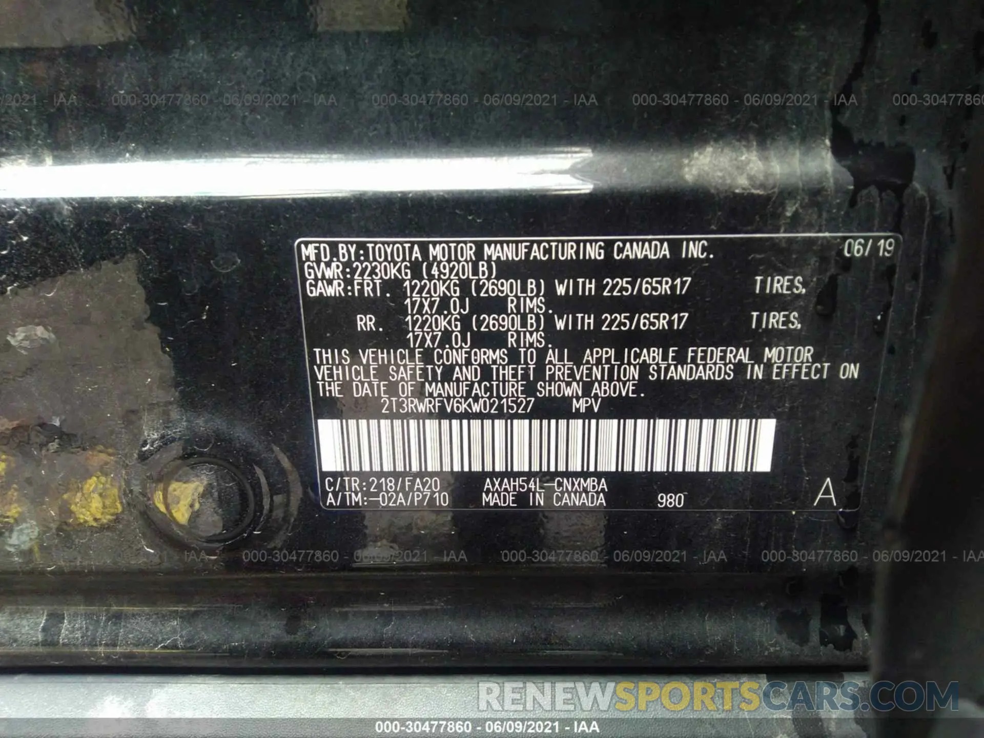 9 fotografías del automóvil dañado 2T3RWRFV6KW021527 TOYOTA RAV4 2019