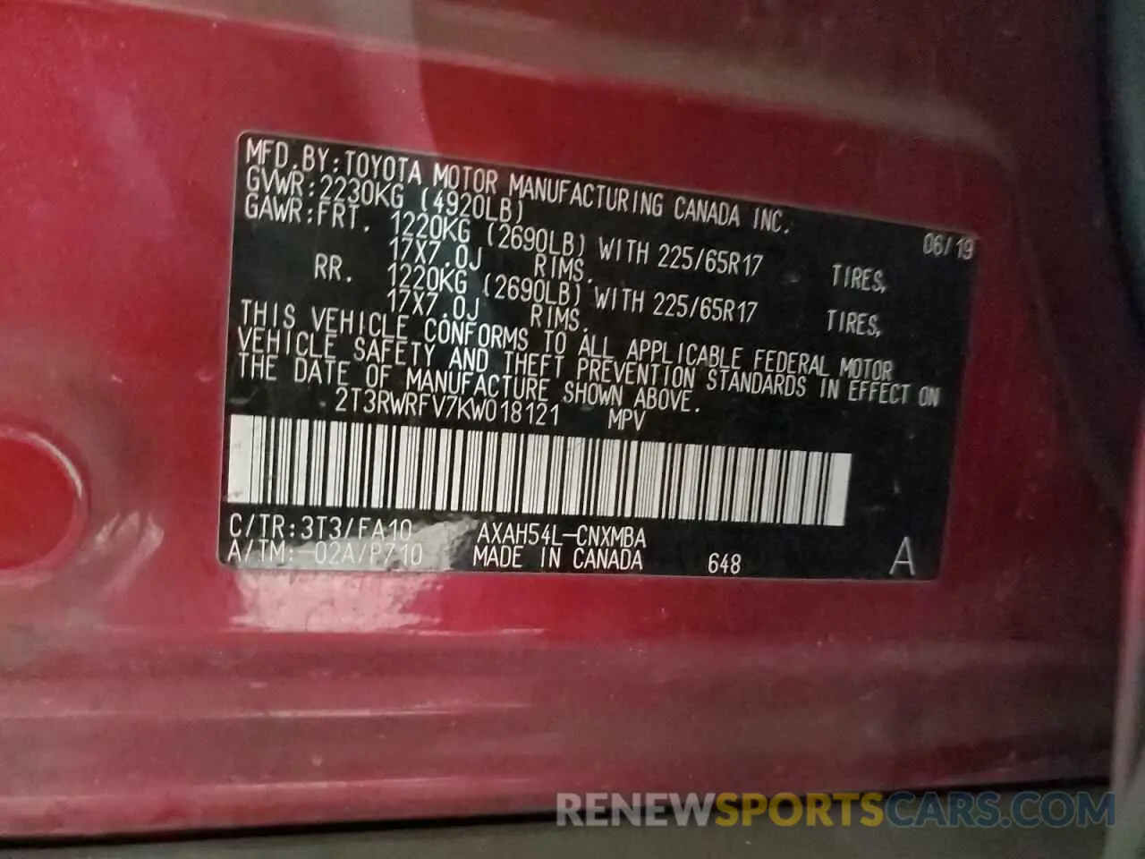 13 fotografías del automóvil dañado 2T3RWRFV7KW018121 TOYOTA RAV4 2019
