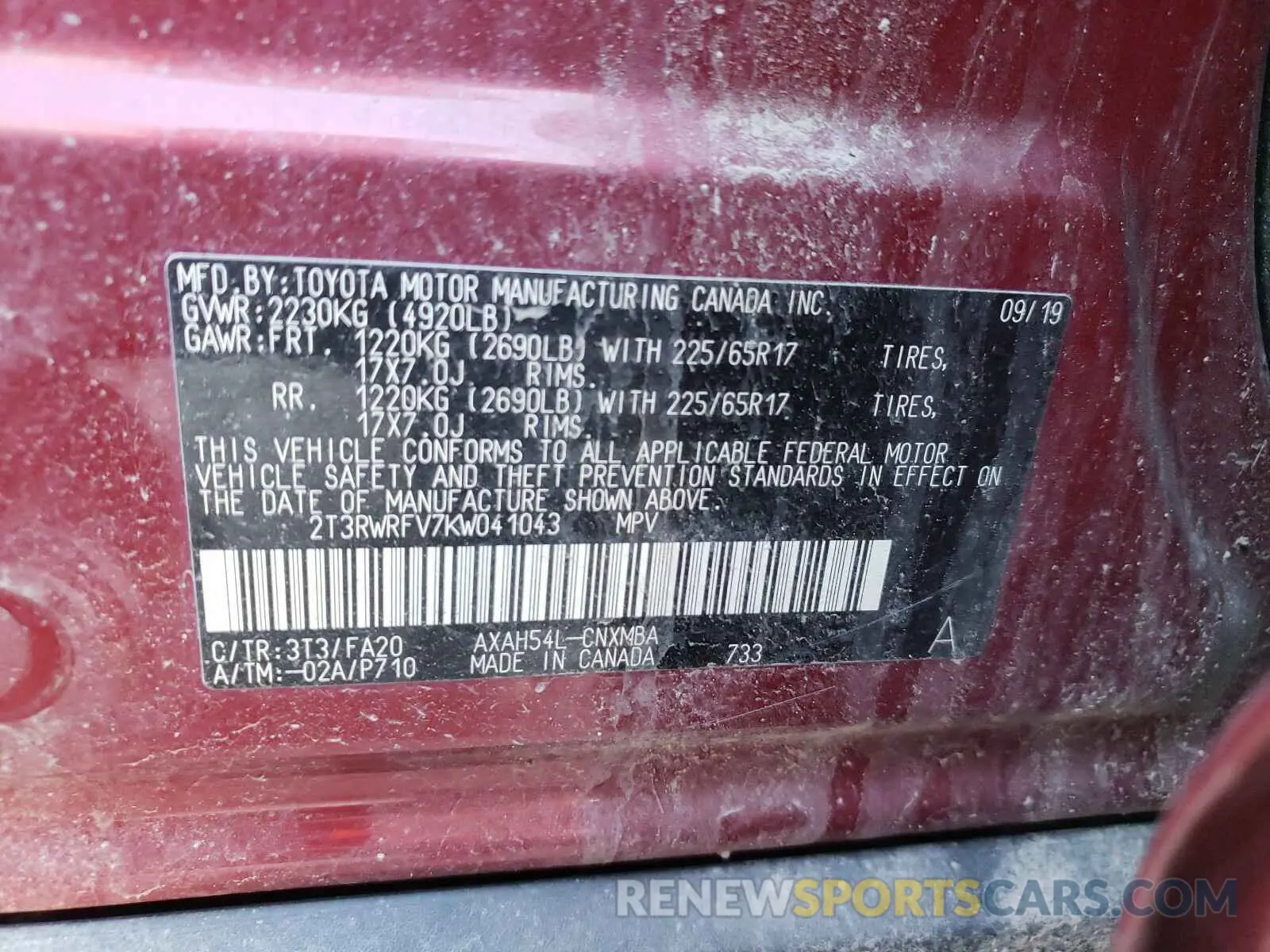 10 fotografías del automóvil dañado 2T3RWRFV7KW041043 TOYOTA RAV4 2019