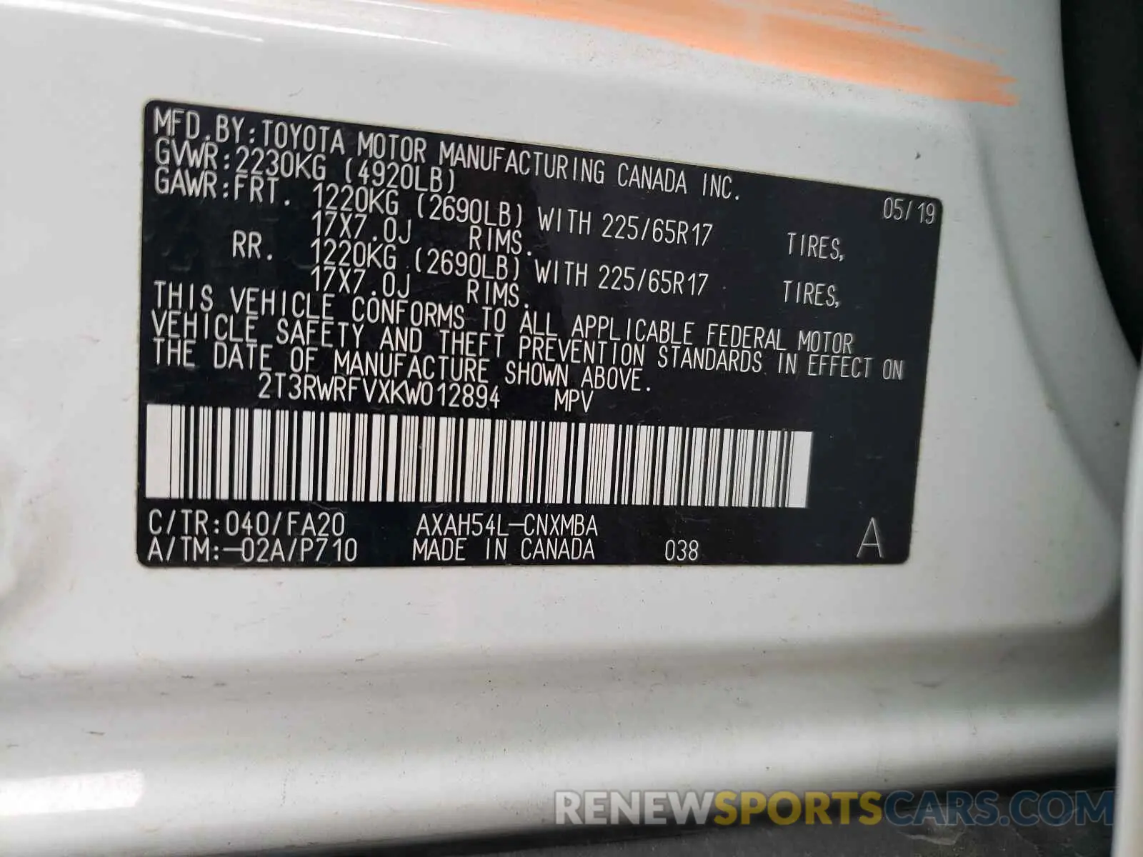 10 fotografías del automóvil dañado 2T3RWRFVXKW012894 TOYOTA RAV4 2019