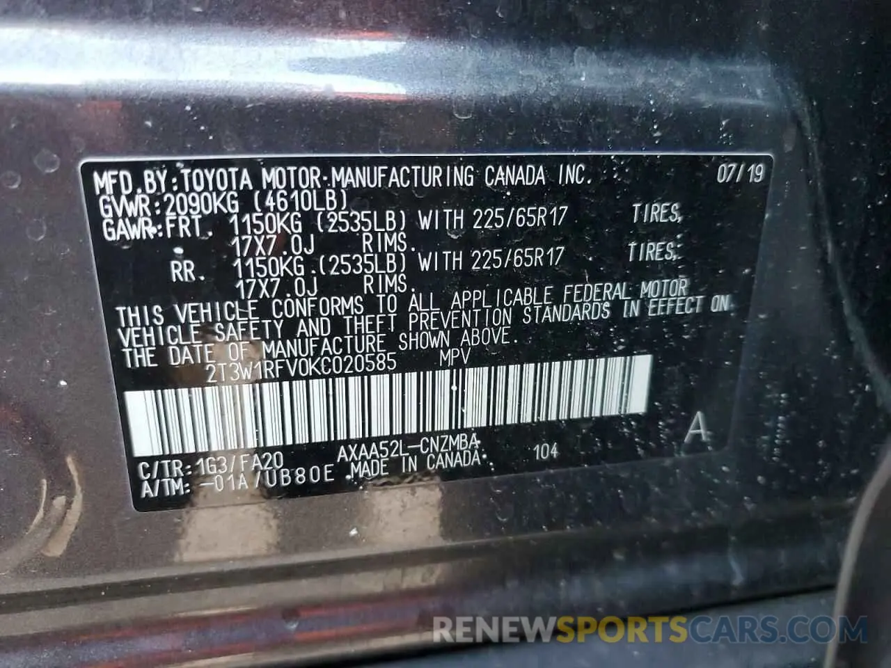 13 fotografías del automóvil dañado 2T3W1RFV0KC020585 TOYOTA RAV4 2019