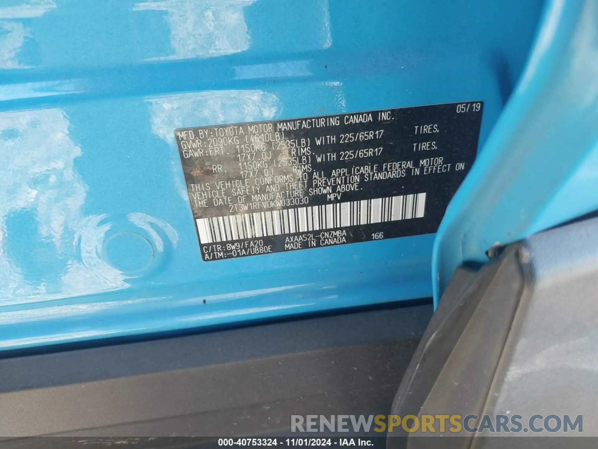 9 fotografías del automóvil dañado 2T3W1RFV0KW033030 TOYOTA RAV4 2019