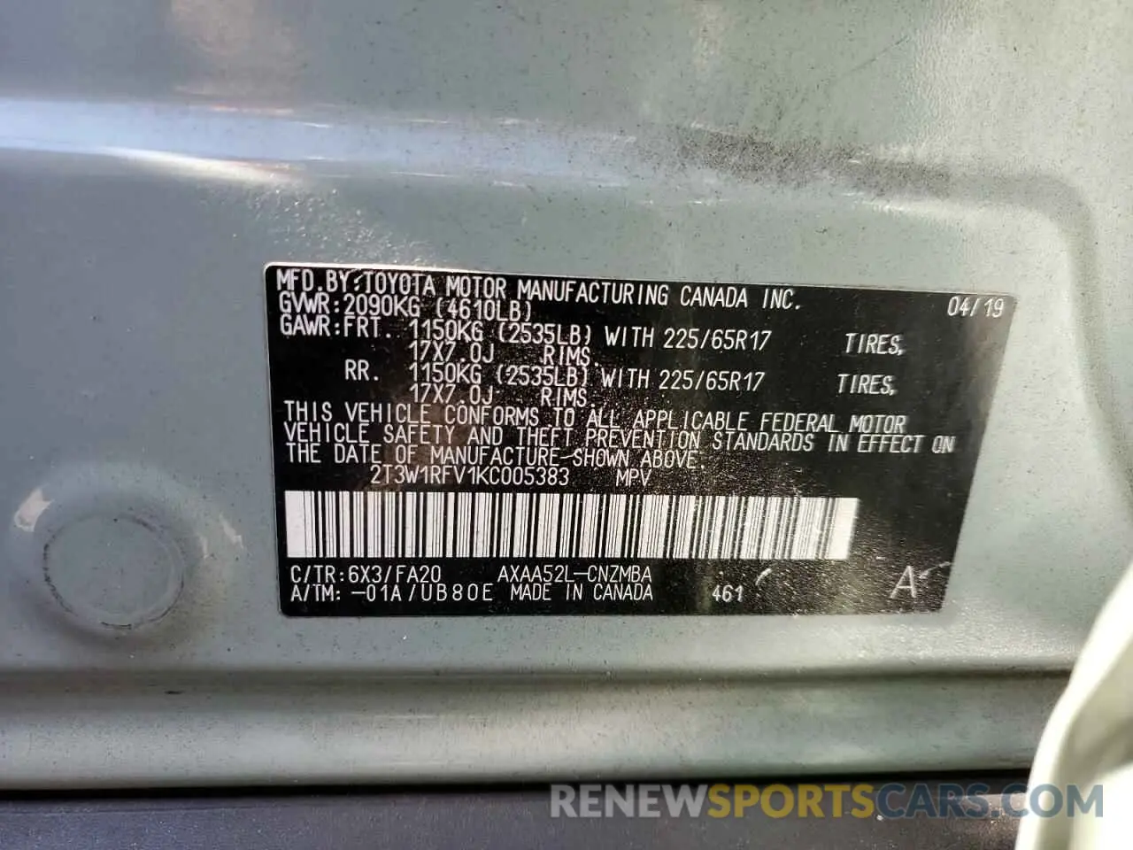 10 fotografías del automóvil dañado 2T3W1RFV1KC005383 TOYOTA RAV4 2019