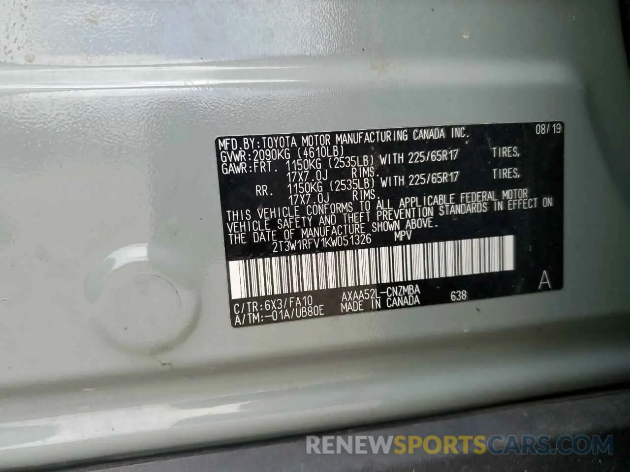 15 fotografías del automóvil dañado 2T3W1RFV1KW051326 TOYOTA RAV4 2019