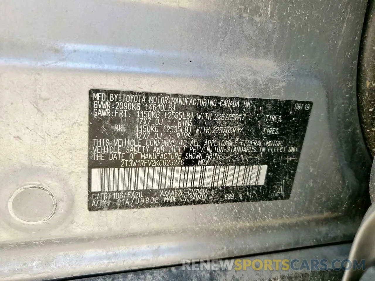 13 fotografías del automóvil dañado 2T3W1RFV2KC023276 TOYOTA RAV4 2019
