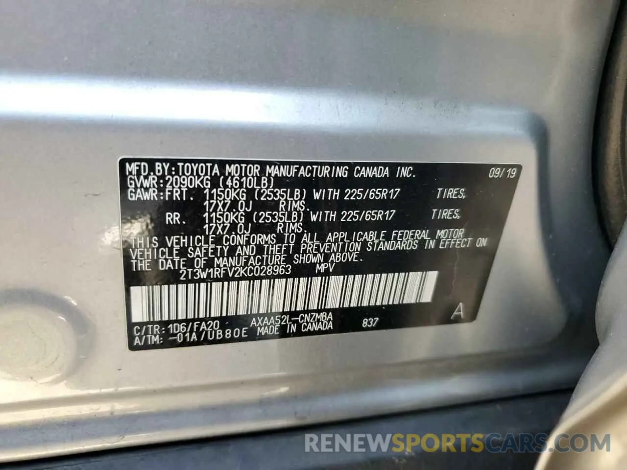 12 fotografías del automóvil dañado 2T3W1RFV2KC028963 TOYOTA RAV4 2019