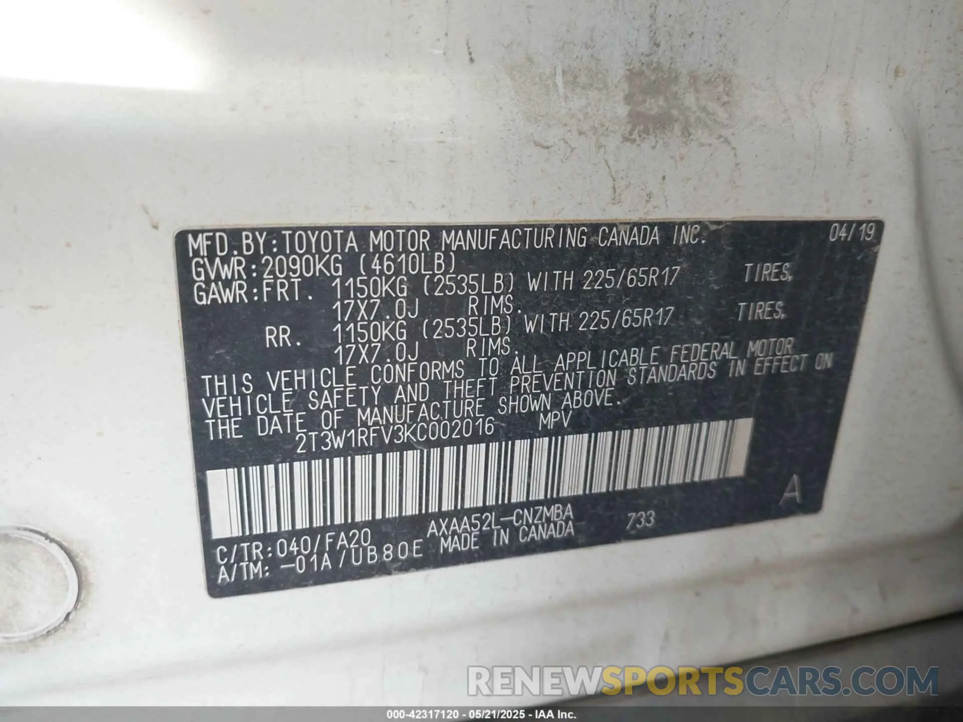 9 fotografías del automóvil dañado 2T3W1RFV3KC002016 TOYOTA RAV4 2019