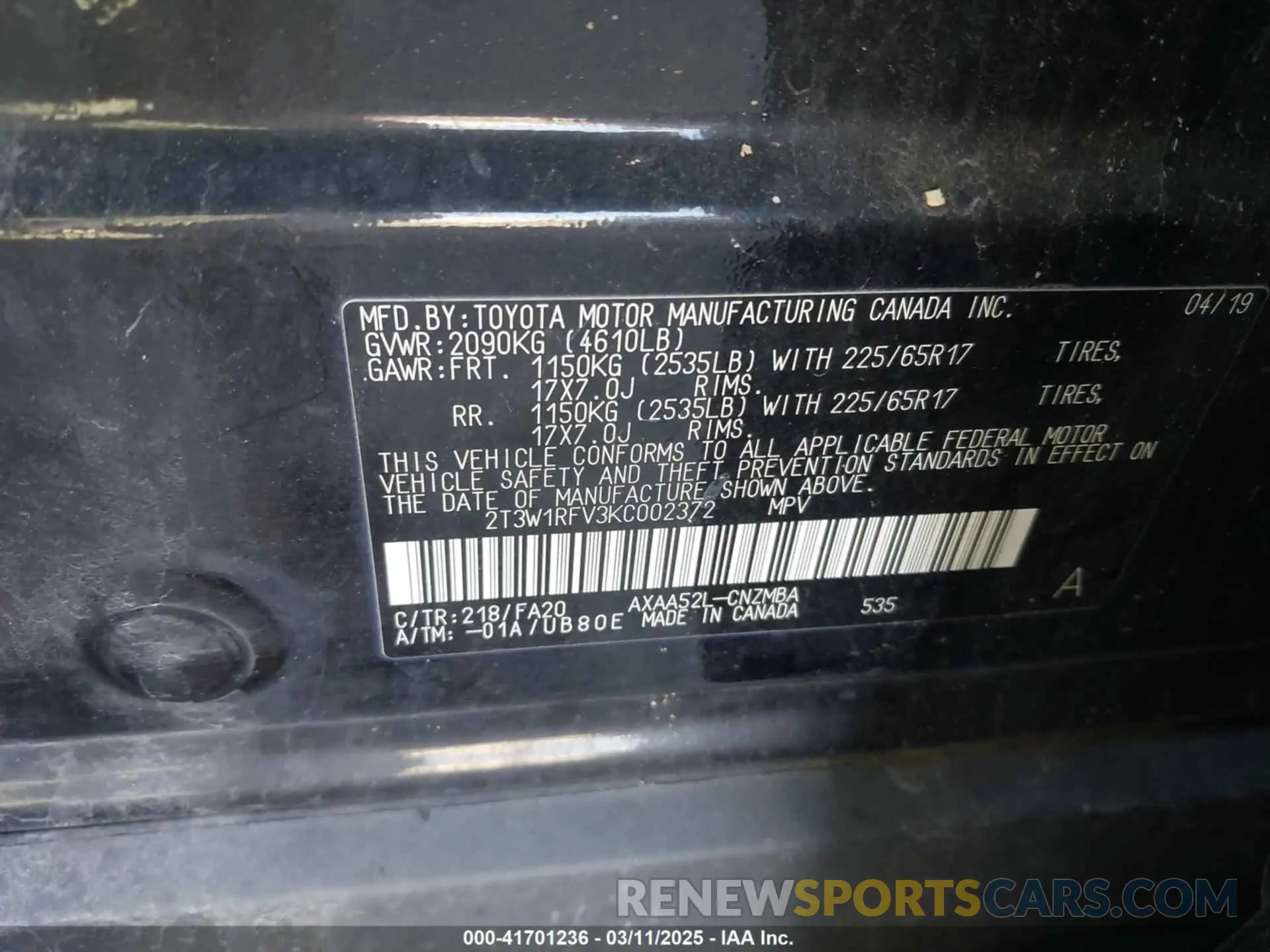 9 fotografías del automóvil dañado 2T3W1RFV3KC002372 TOYOTA RAV4 2019