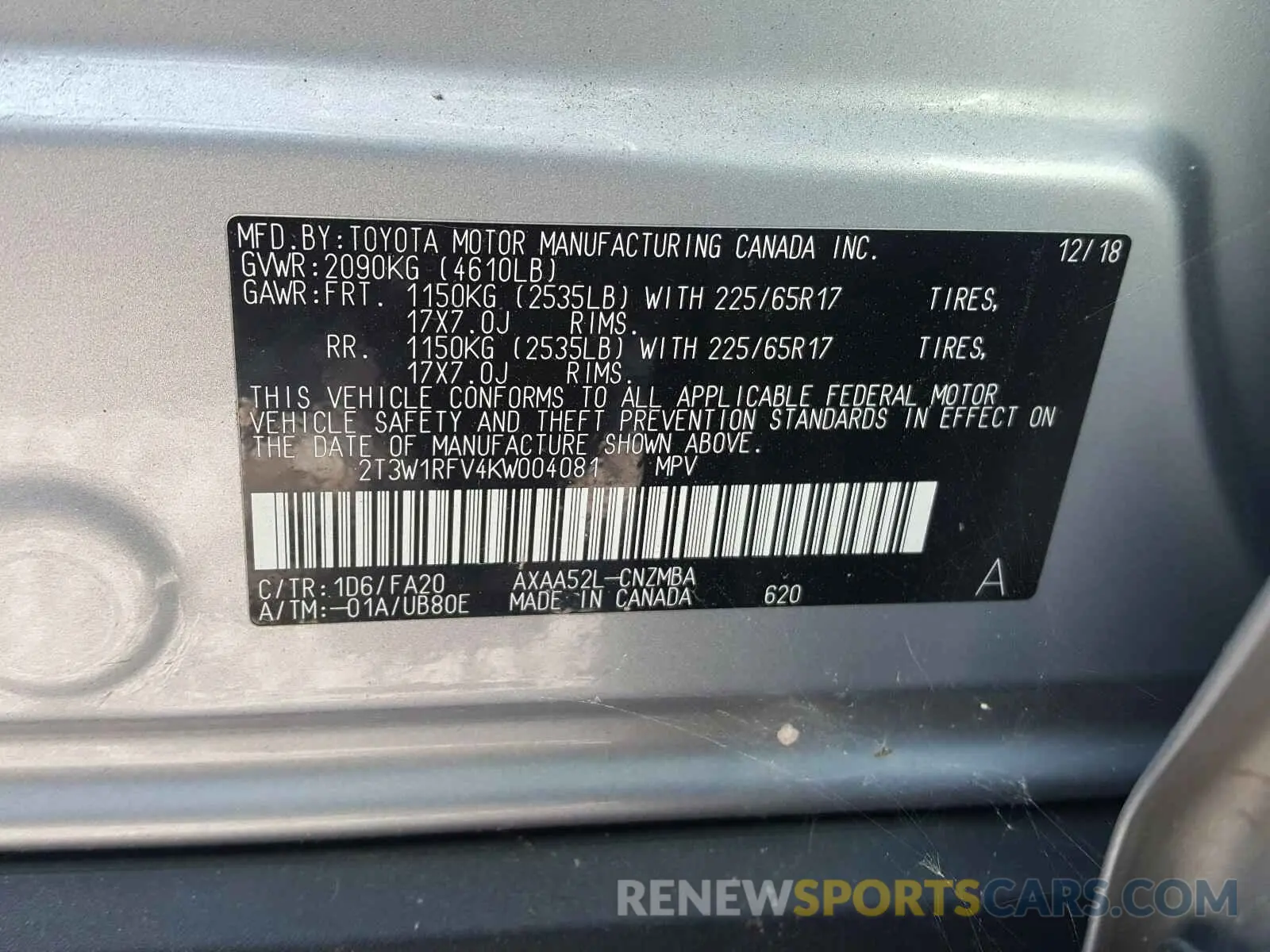 10 fotografías del automóvil dañado 2T3W1RFV4KW004081 TOYOTA RAV4 2019