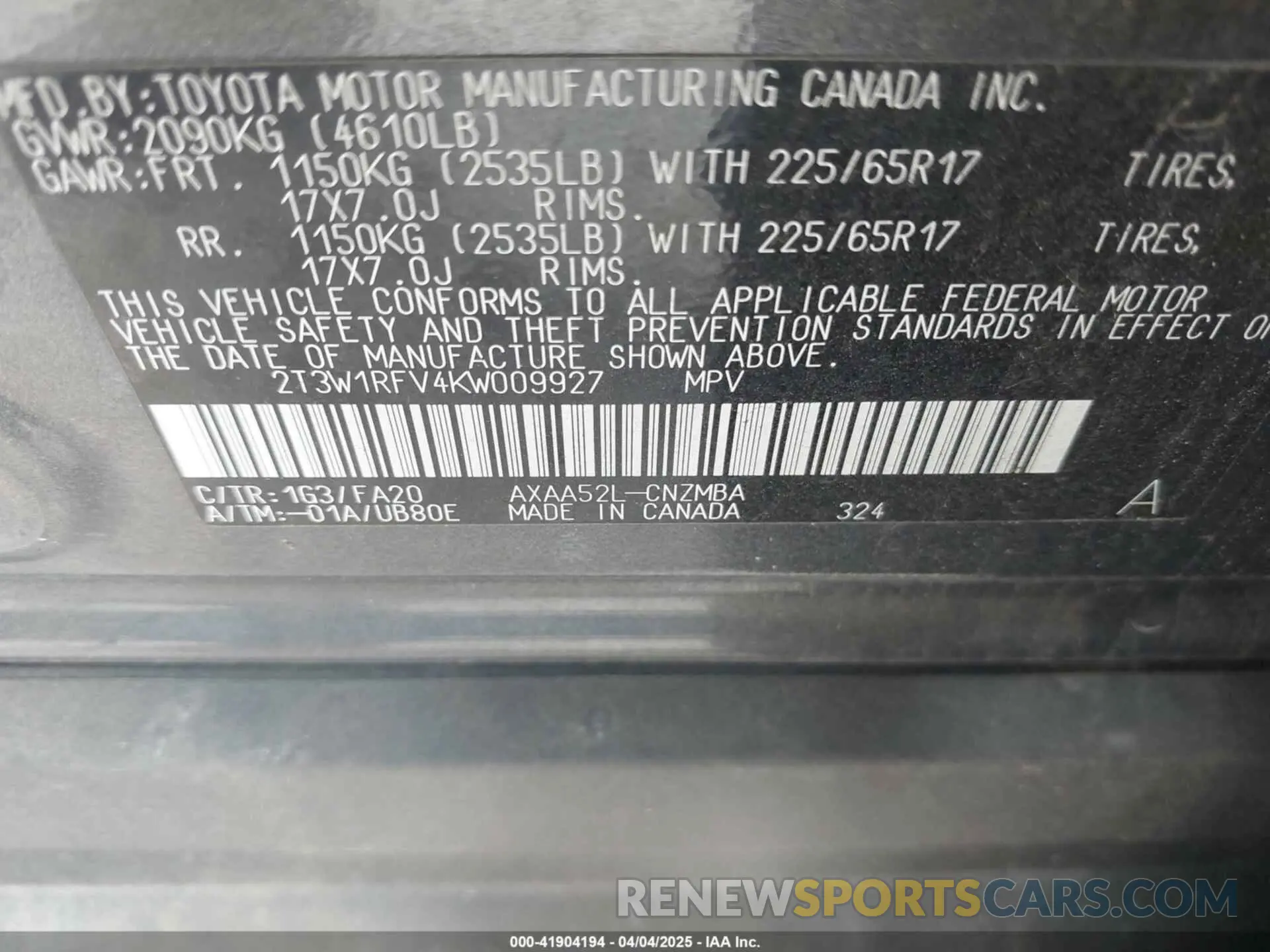 9 fotografías del automóvil dañado 2T3W1RFV4KW009927 TOYOTA RAV4 2019