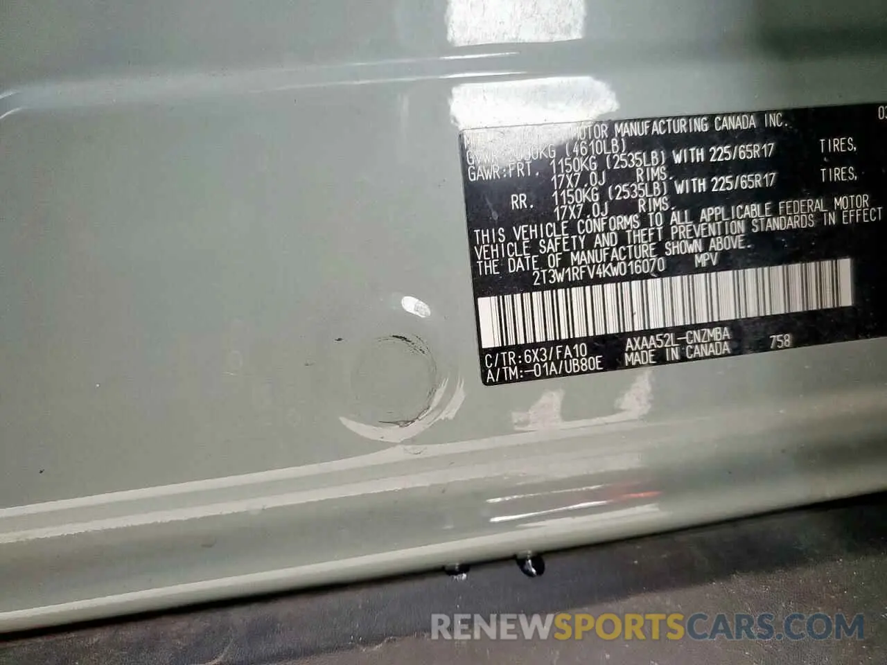13 fotografías del automóvil dañado 2T3W1RFV4KW016070 TOYOTA RAV4 2019