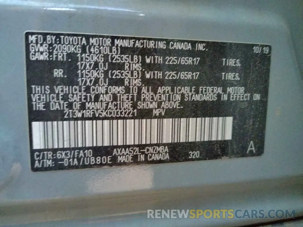 10 fotografías del automóvil dañado 2T3W1RFV5KC033221 TOYOTA RAV4 2019