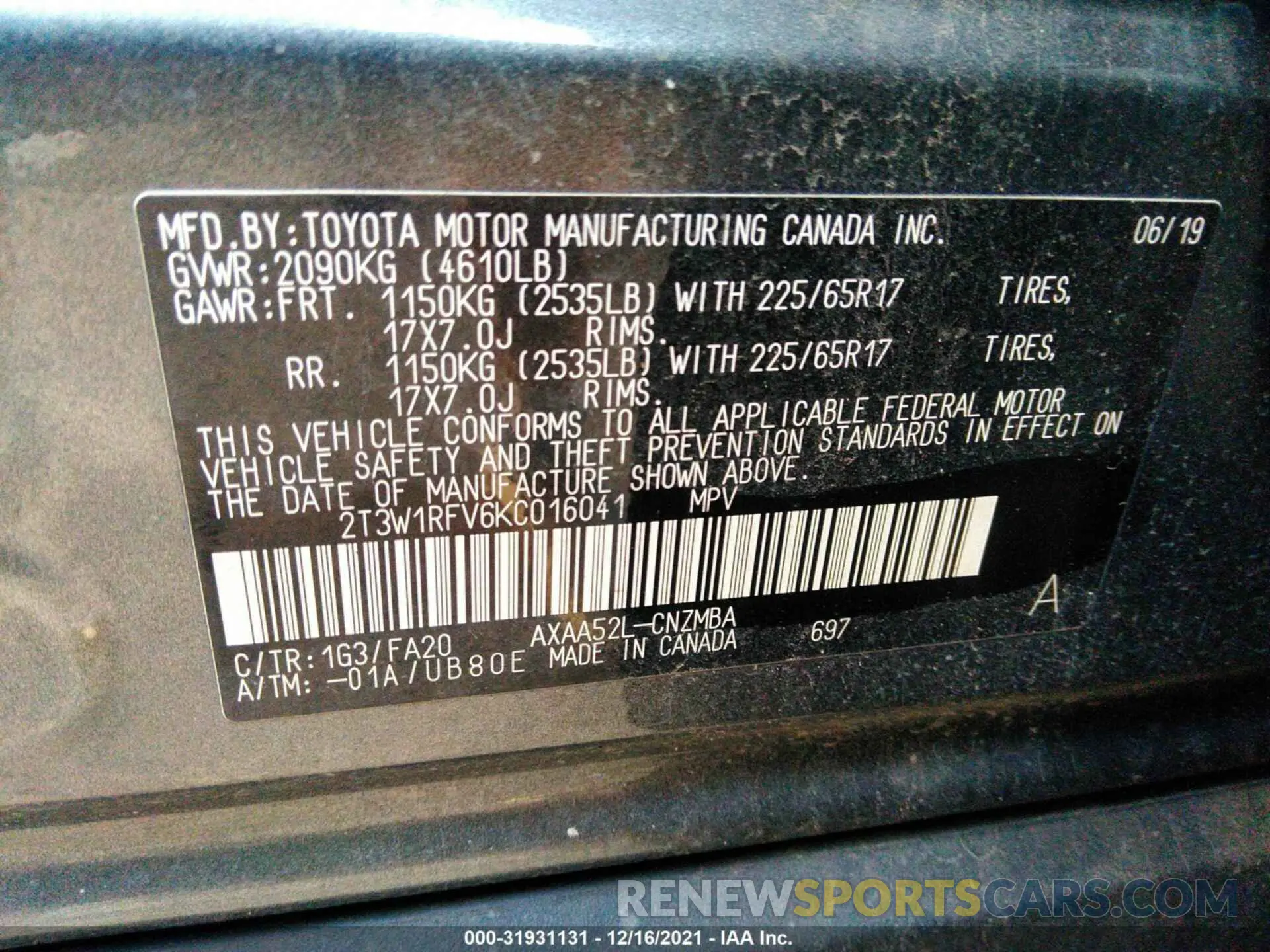 9 fotografías del automóvil dañado 2T3W1RFV6KC016041 TOYOTA RAV4 2019