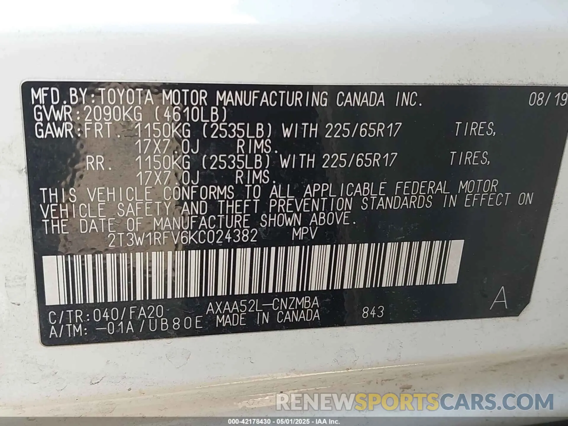 9 fotografías del automóvil dañado 2T3W1RFV6KC024382 TOYOTA RAV4 2019