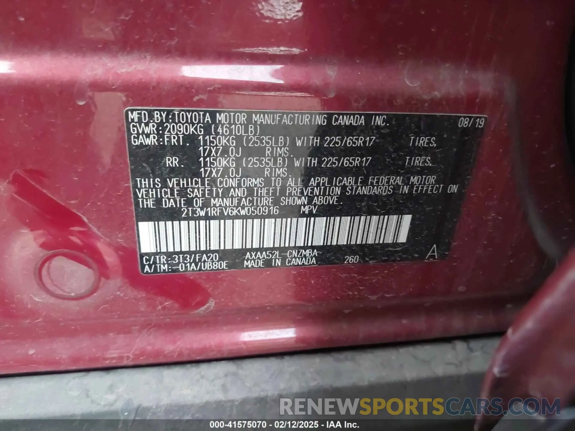 9 fotografías del automóvil dañado 2T3W1RFV6KW050916 TOYOTA RAV4 2019