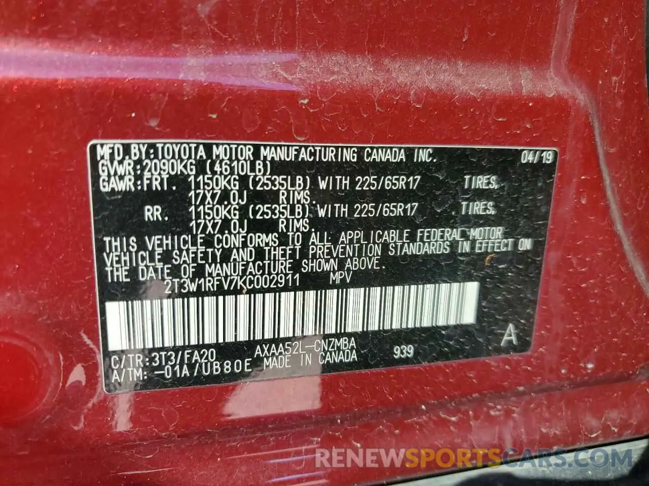 13 fotografías del automóvil dañado 2T3W1RFV7KC002911 TOYOTA RAV4 2019