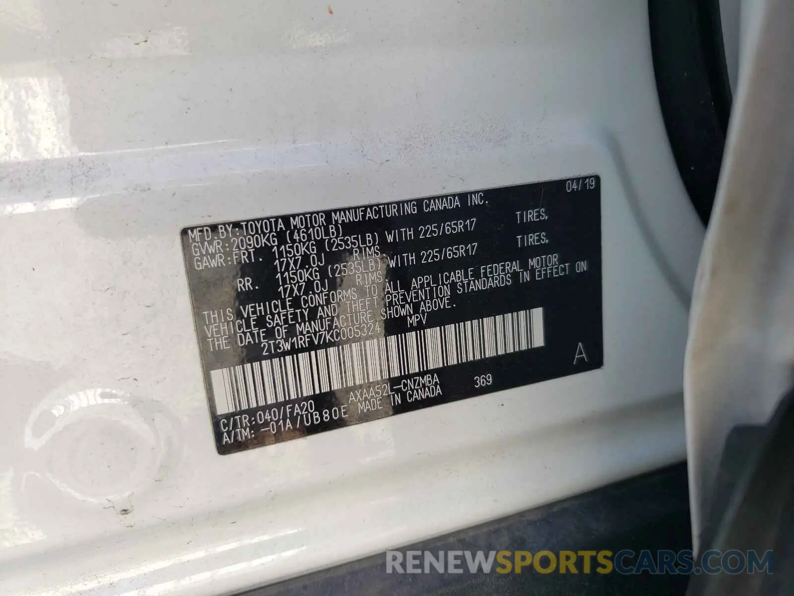 10 fotografías del automóvil dañado 2T3W1RFV7KC005324 TOYOTA RAV4 2019