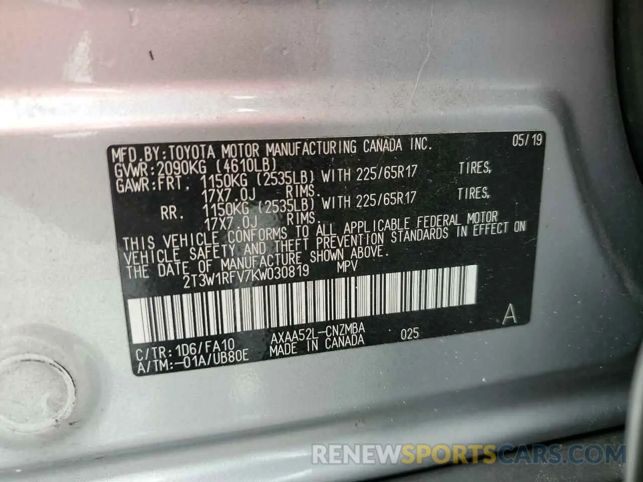 12 fotografías del automóvil dañado 2T3W1RFV7KW030819 TOYOTA RAV4 2019