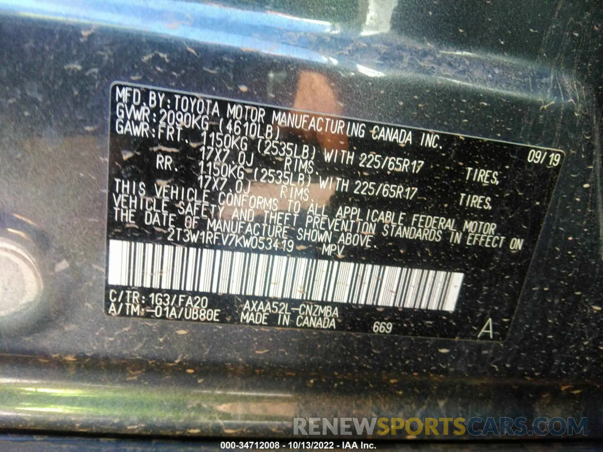 9 fotografías del automóvil dañado 2T3W1RFV7KW053419 TOYOTA RAV4 2019